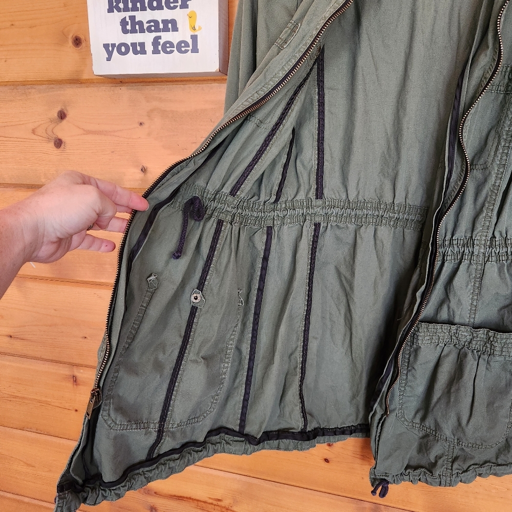 Black Rivet Hooded Military Utility Cargo Jacket Outdoor Green Stretch Zip Sz XS - Picture 8 of 10